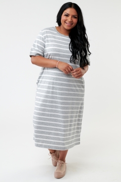Womens gray and white rib neck and cuff tee midi modest dress